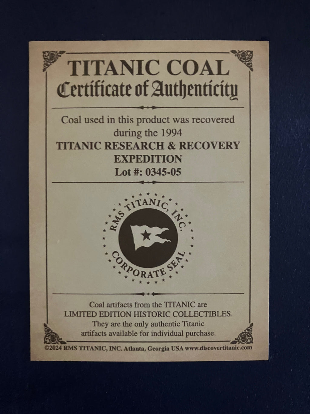 Incredible Piece of Titanic Coal (1912) Recovered from 1994 Titanic Inc. Salvage Expedition with Certificate of Authenticity